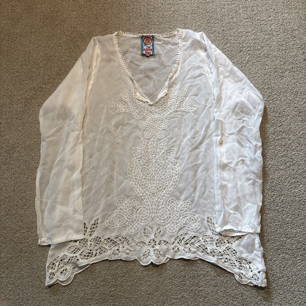 Johnny Was Blouse Womens Sz XS White Bohemian Lace Floral Cupra Rayon Designer